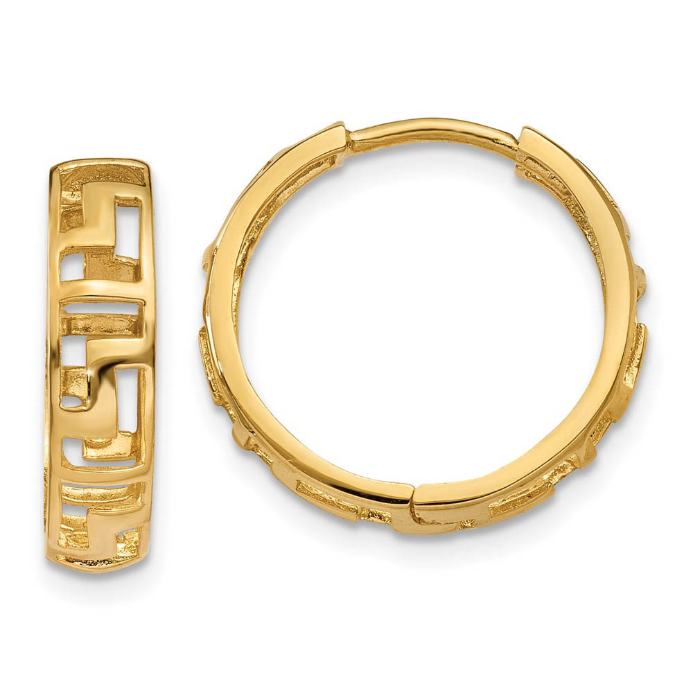 Cutout Greek Key Hinged Round Hoop Earrings in 14k Gold, 15mm