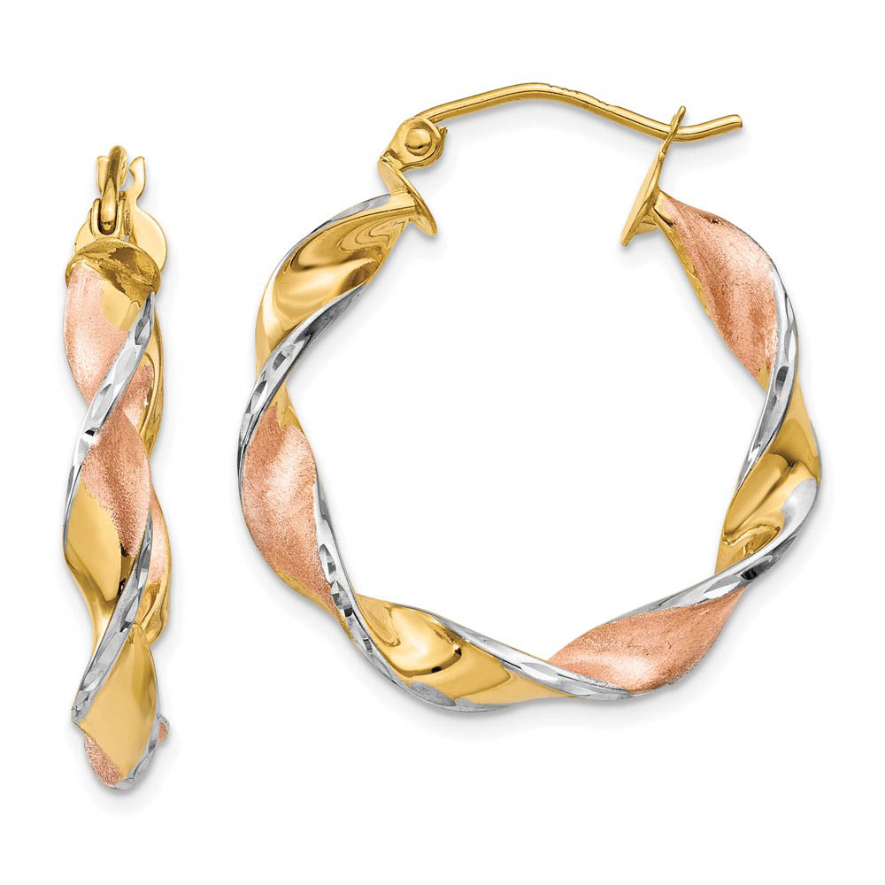 Tri-Color Twisted Round Hoops in 14k Yellow Gold, 25mm (1 Inch)