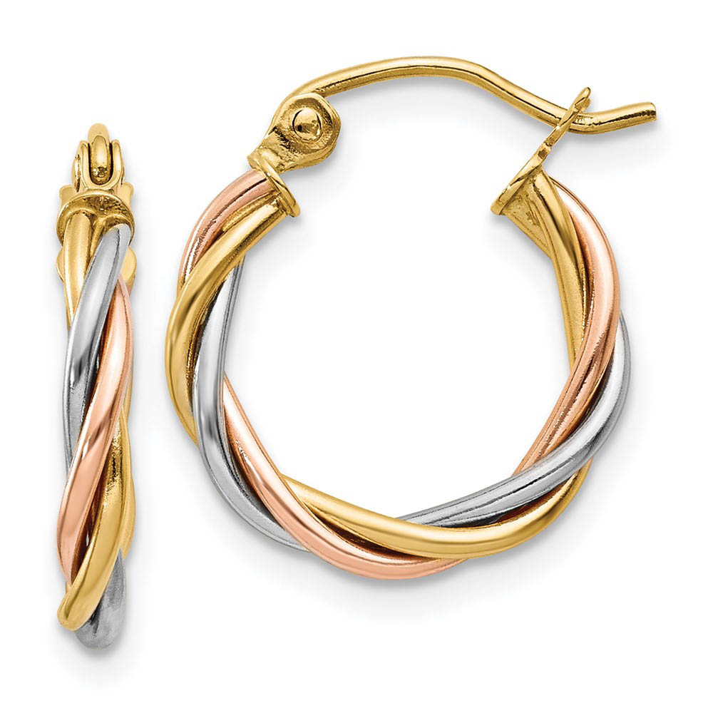 2.5mm, 14k Tri-Color Gold Twisted Hoops, 15mm (9/16 Inch)