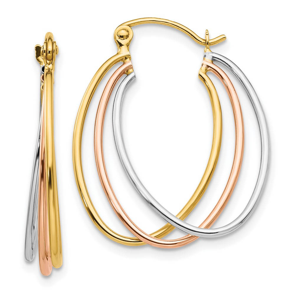 14k Tri-Color Gold Polished Triple Oval Hoop Earrings, 25mm (1 Inch)