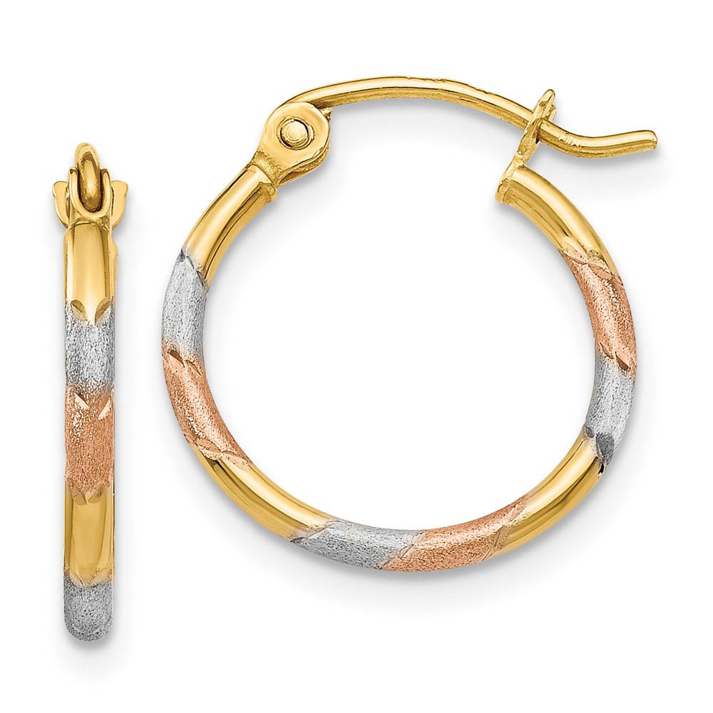 1.5mm, Tri-Color Round Hoops in 14k Yellow Gold and Rhodium, 15mm