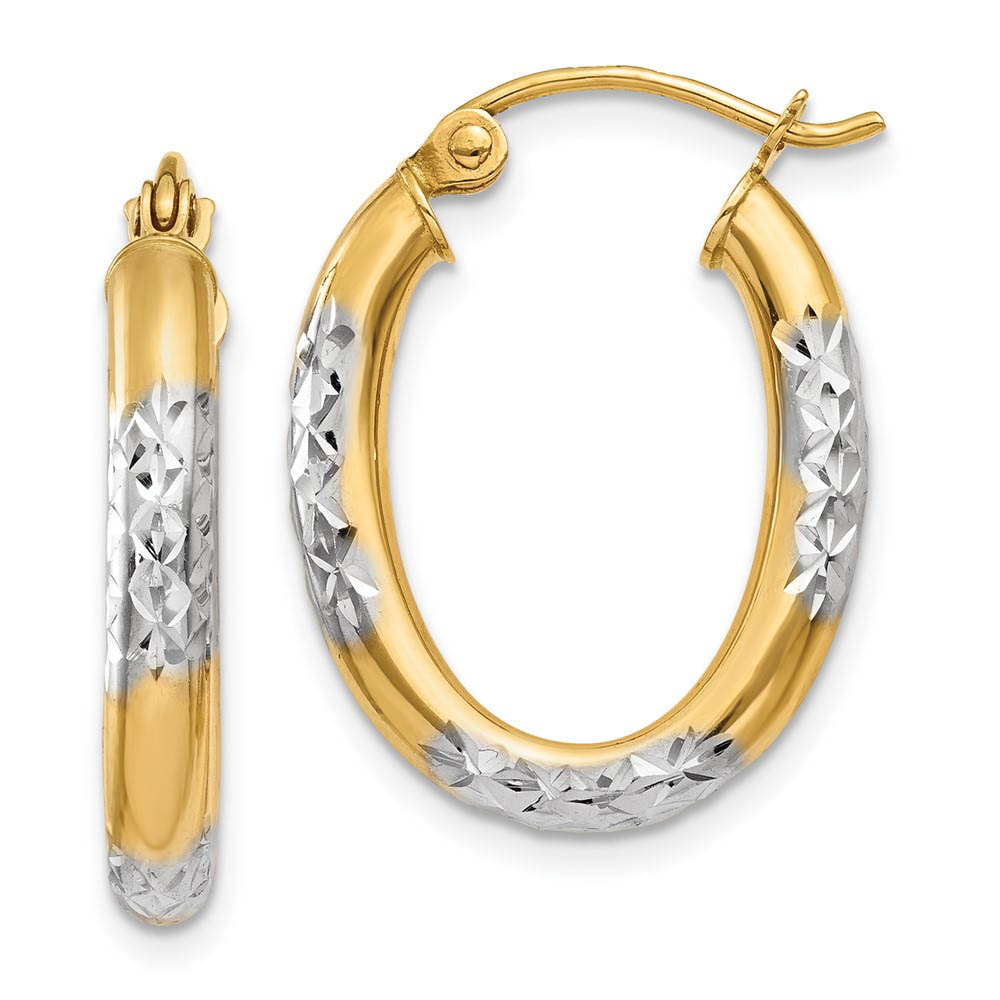 3mm, 14k Yellow Gold Diamond Cut Oval Hoops, 20mm (3/4 Inch)