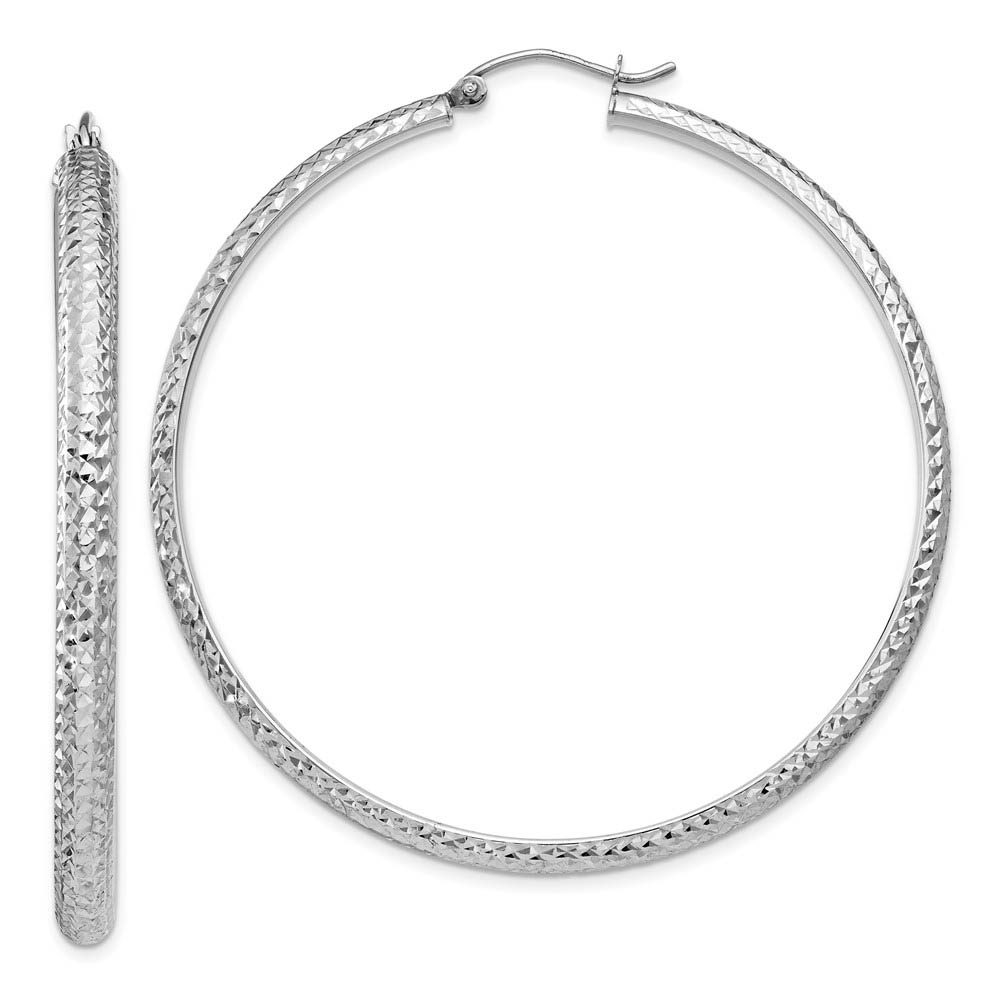 3.5mm, Diamond Cut 14k White Gold Round Hoop Earrings, 52mm (2 Inch)