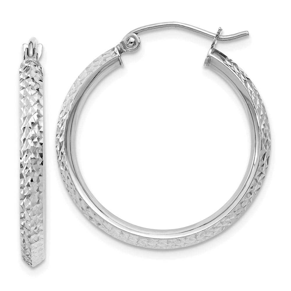 2.5mm, 14k White Gold Knife Edge Diamond Cut Hoops, 25mm (1 Inch)