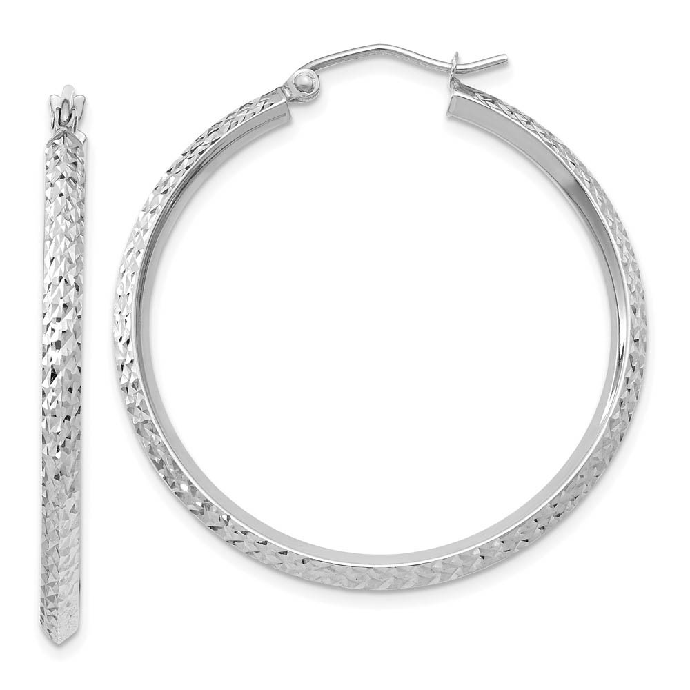 2.5mm, 14k White Gold Knife Edge Diamond Cut Hoops, 35mm (1 3/8 Inch)