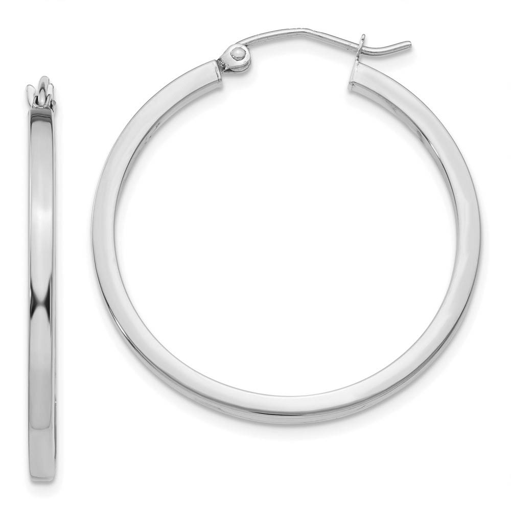 2mm, 14k White Gold, Polished Square Tube Hoops, 30mm (1 1/8 Inch)