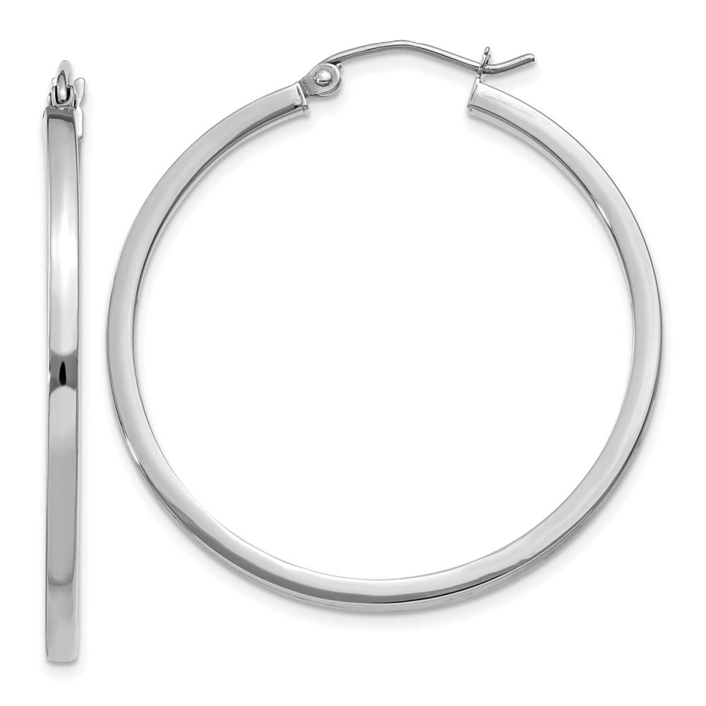 2mm, 14k White Gold Square Tube Round Hoop Earrings, 35mm (1 3/8 Inch)