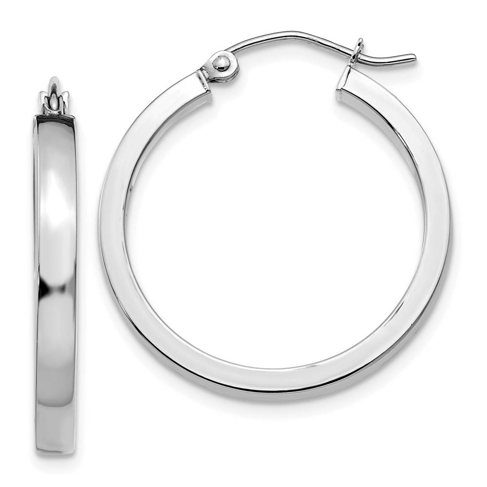 3mm, 14k White Gold Polished Rectangle Tube Hoops, 25mm (1 Inch)