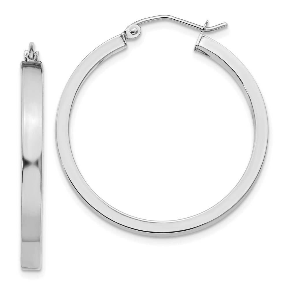 3mm, 14k White Gold Polished Rectangle Tube Hoops, 30mm (1 1/8 Inch)