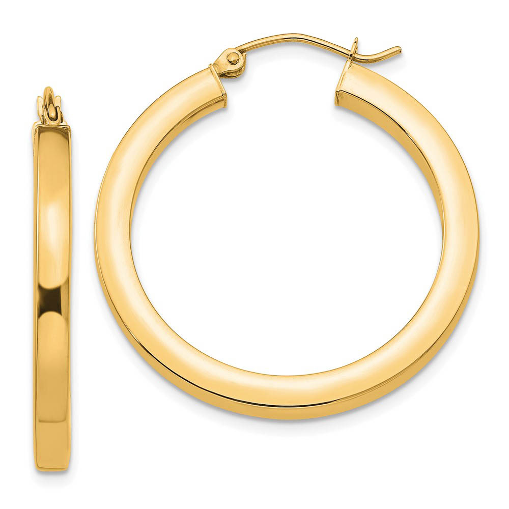 3mm, 14k Yellow Gold Square Tube Round Hoop Earrings, 30mm (1 1/8 In)