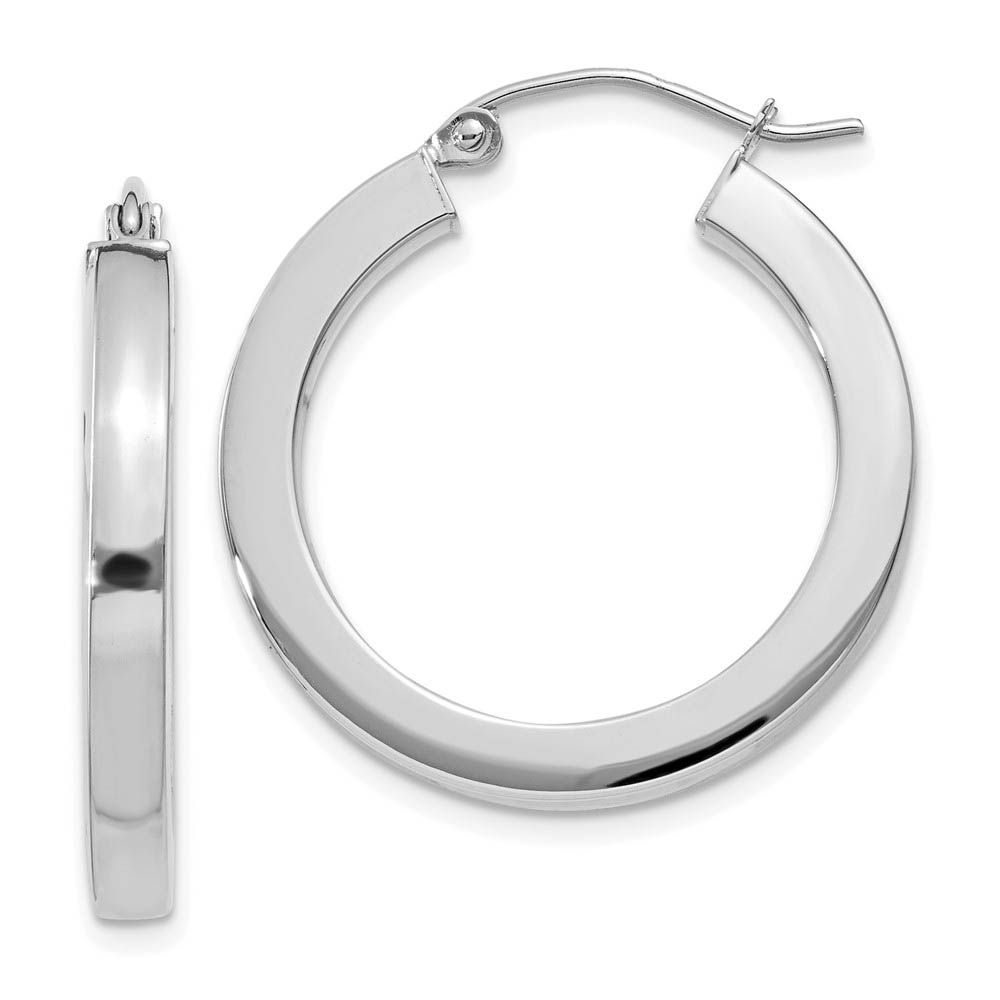 3mm, 14k White Gold Square Tube Round Hoop Earrings, 25mm (1 Inch)