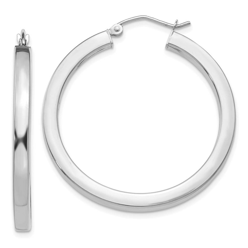 3mm, 14k White Gold Square Tube Round Hoop Earrings, 35mm (1 3/8 Inch)