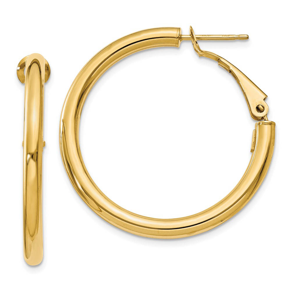 3mm, 14k Yellow Gold Omega Back Round Hoop Earrings, 30mm (1 1/8 Inch)