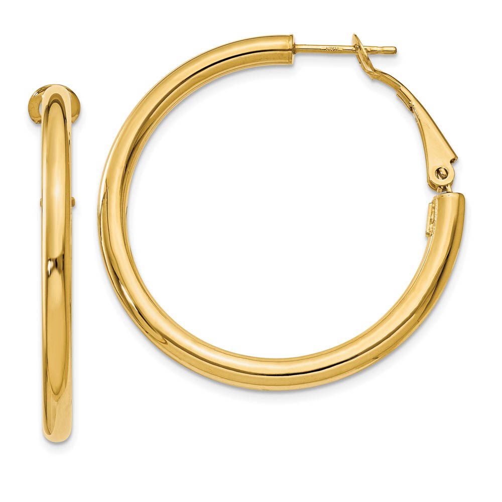 3mm, 14k Yellow Gold Omega Back Round Hoop Earrings, 35mm (1 3/8 Inch)