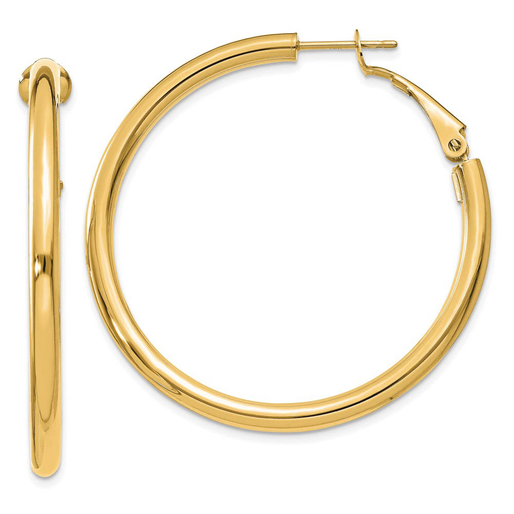 3mm, 14k Yellow Gold Omega Back Round Hoop Earrings, 40mm (1 1/2 Inch)