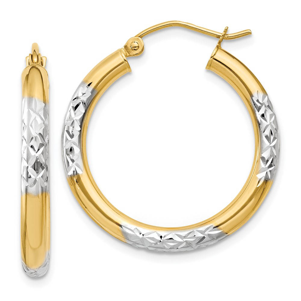 3mm, 14k Yellow Gold Diamond Cut Round Hoop Earrings, 25mm (1 Inch)