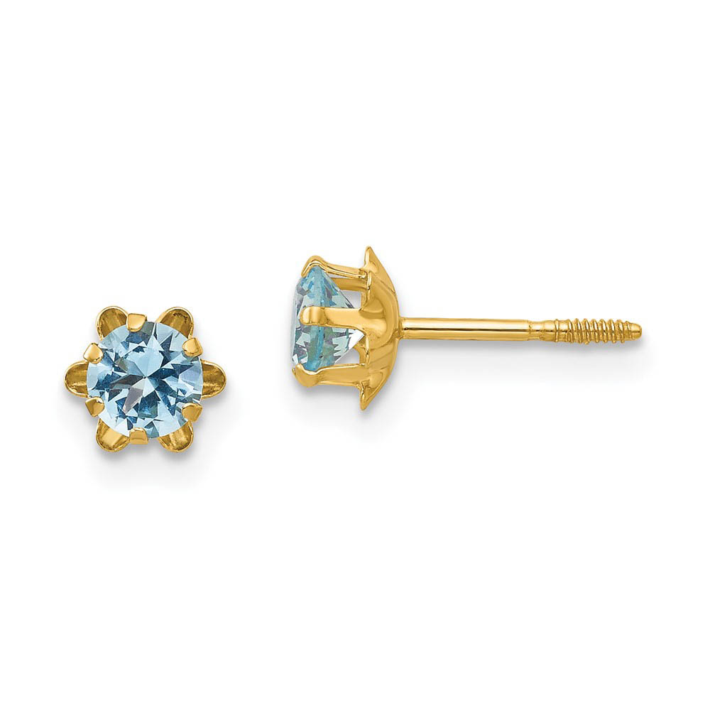 Kids 14k Yellow Gold 4mm Synthetic Aquamarine Screw Back Stud Earrings