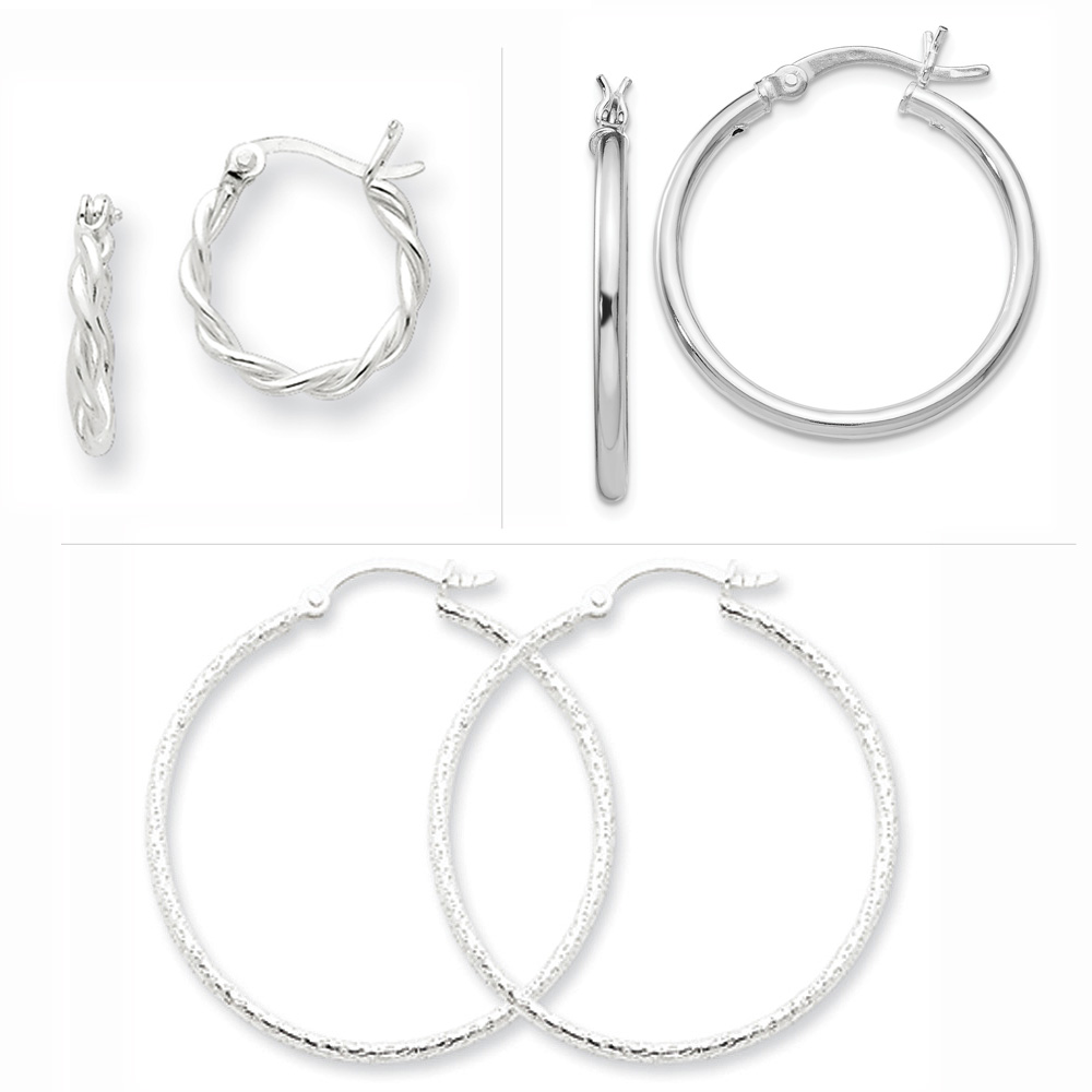 Twisted, Polished and Textured Silver Earring Hoop Set - 3 Pairs
