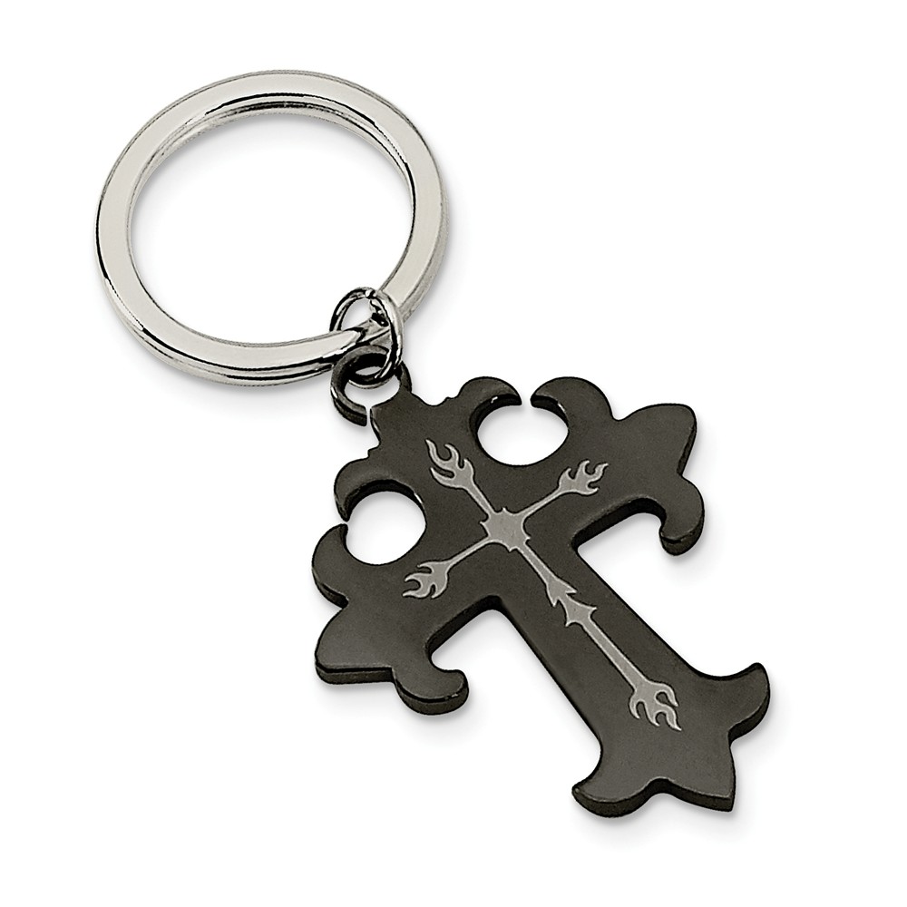 Men's Stainless Steel and Black Plated Cross Key Chain
