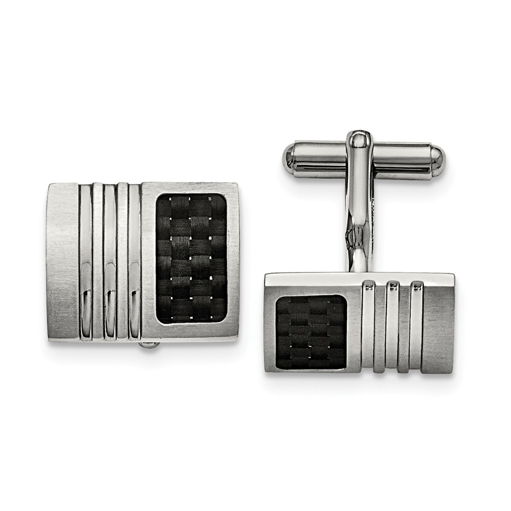 Men's Stainless Steel and Carbon Fiber Grooved Cuff Links, 17 x 20mm Men's Stainless Steel and Carbon Fiber Grooved Cuff Links, 17 x 20mm