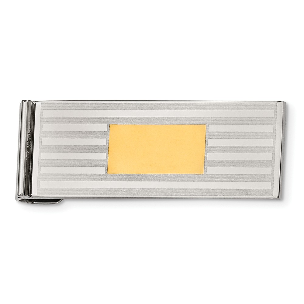 Men's Stainless Steel and Gold Tone Striped Spring Loaded Money Clip