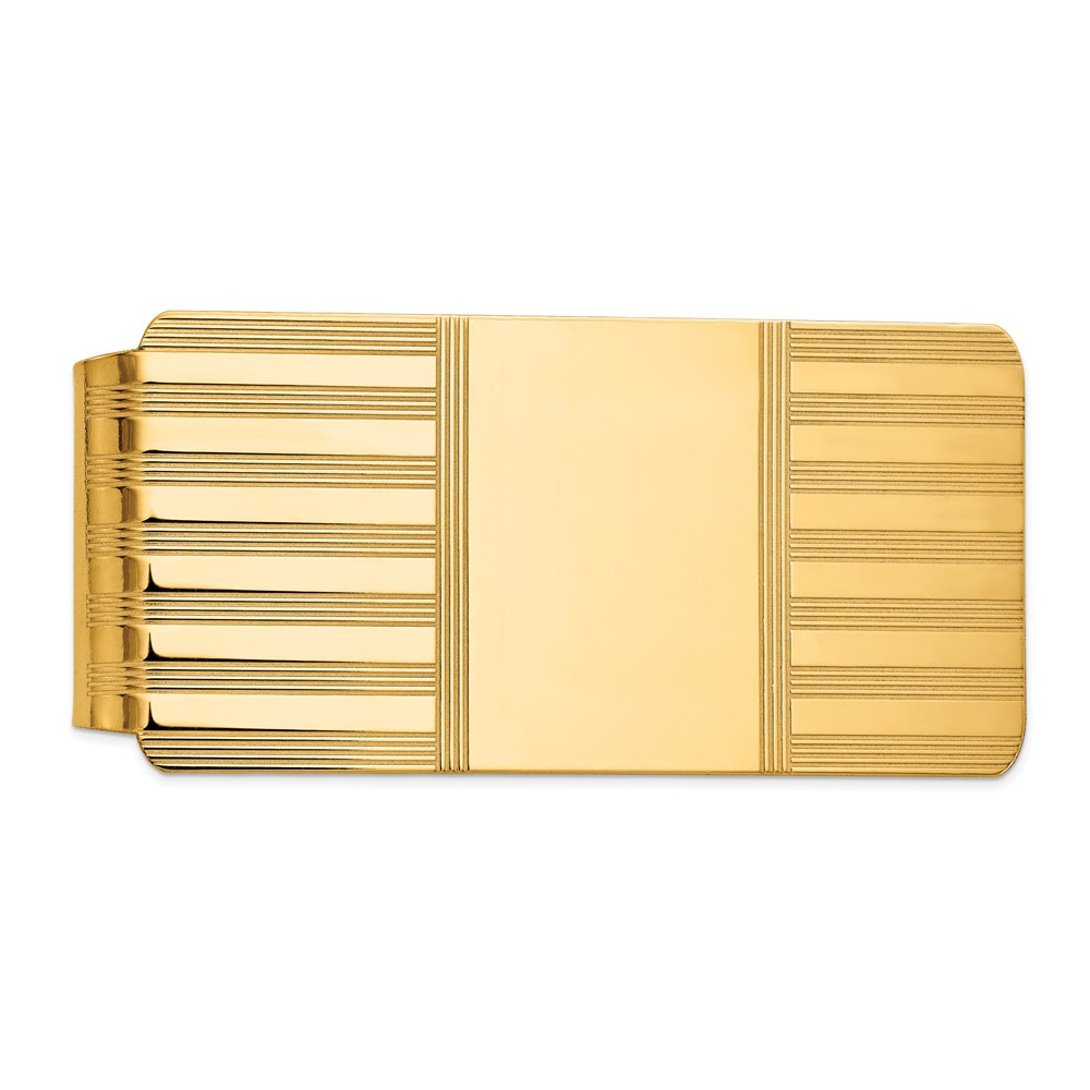 Men&#039;s 14k Yellow Gold Striped Engravable Center Fold-Over Money Clip