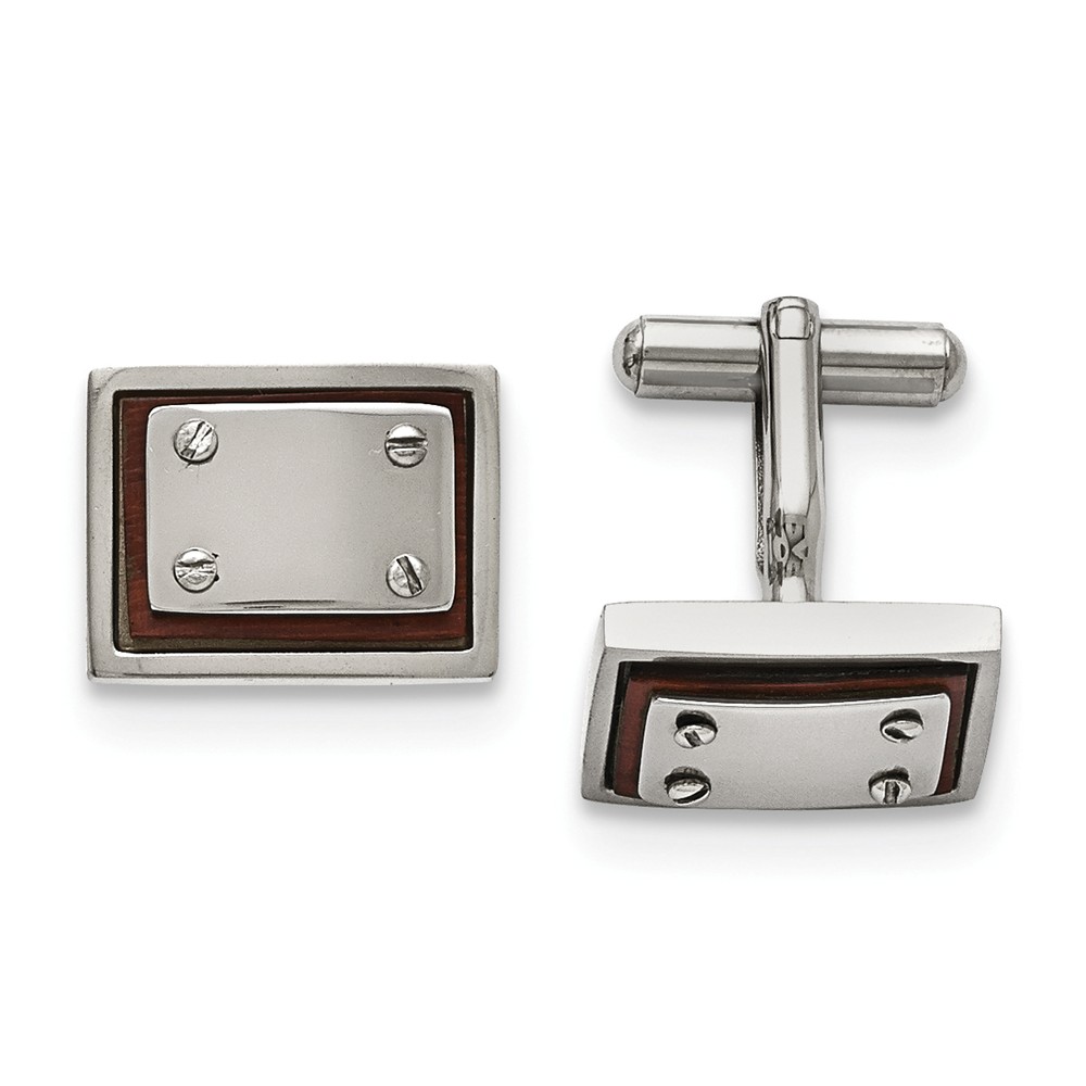 Men&#039;s Stainless Steel and Wood Inlay 20mm Rectangular Cuff Links