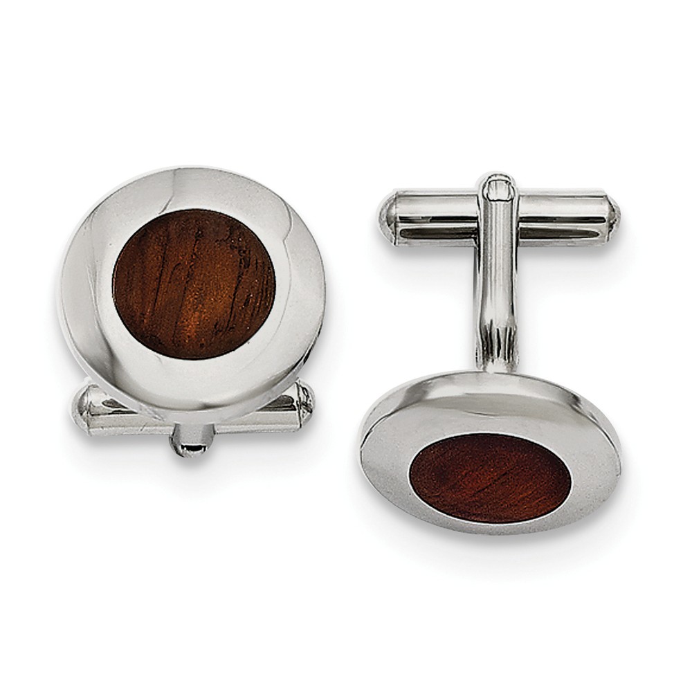 Men&#039;s Stainless Steel and Wood Inlay 15mm Round Cuff Links