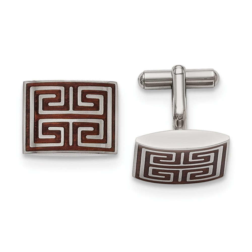 Men&#039;s Stainless Steel and Wood Inlay Greek Key Rectangular Cuff Links