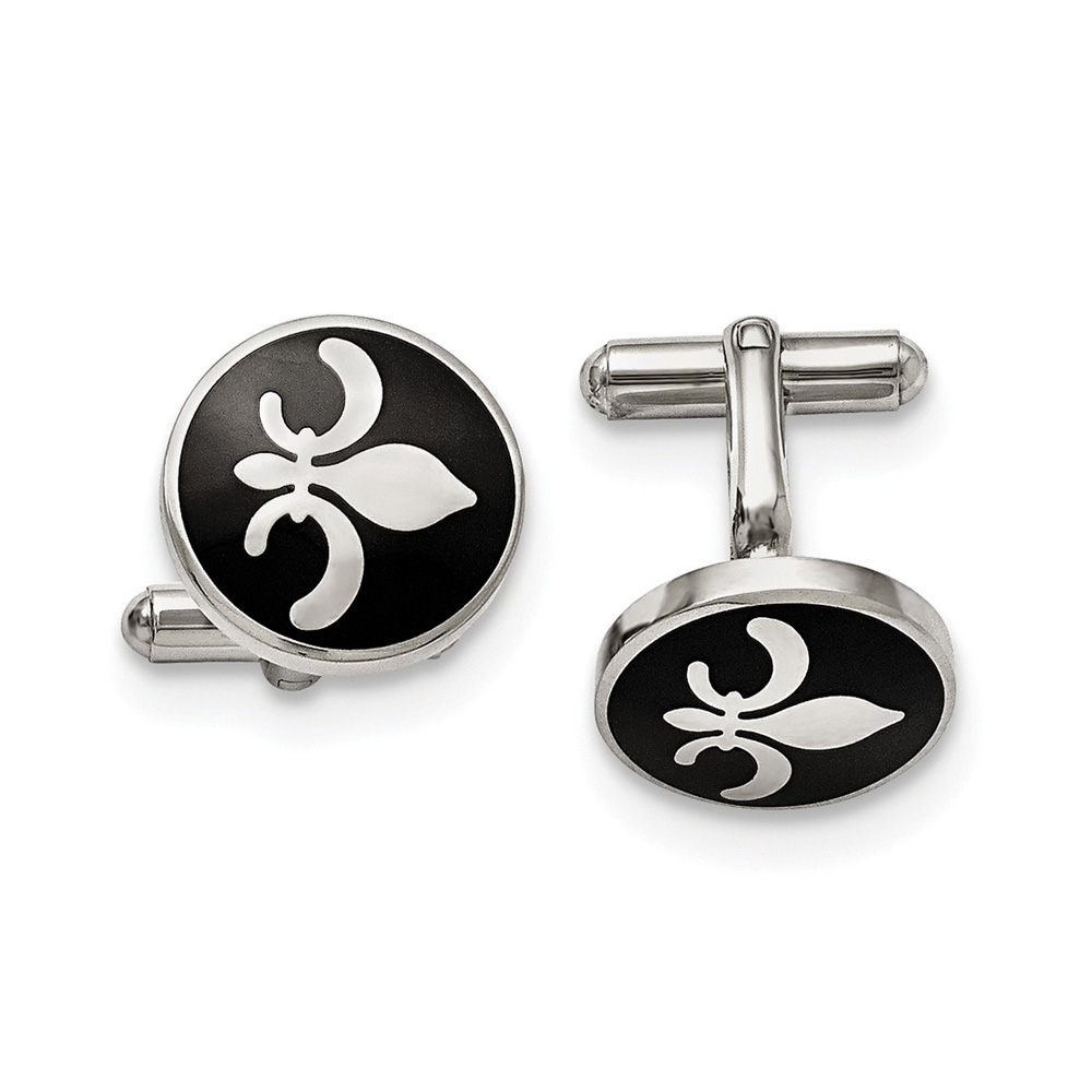 Mens Stainless Steel &amp; Black Enamel 18mm Round Fleur de Lis Cuff Links