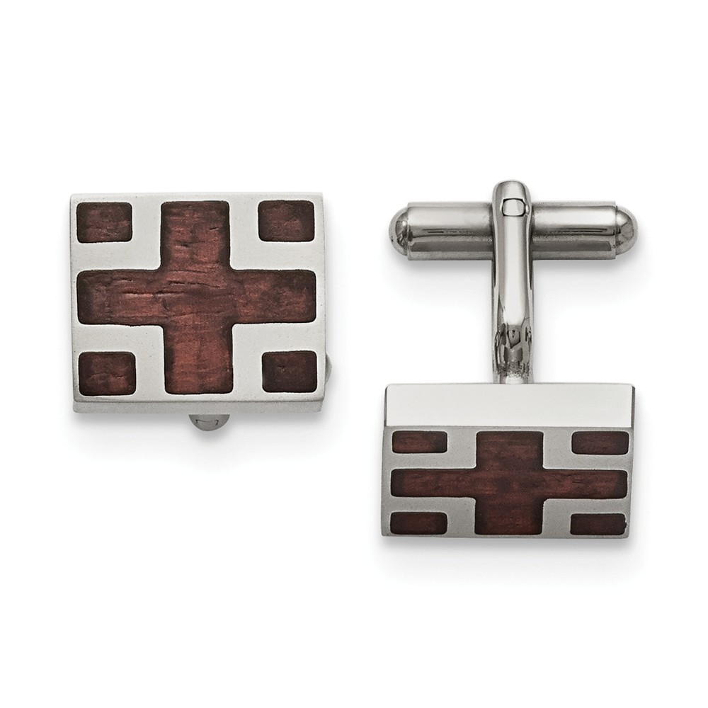 Men&#039;s Stainless Steel and Wood Inlay Cross Rectangular Cuff Links