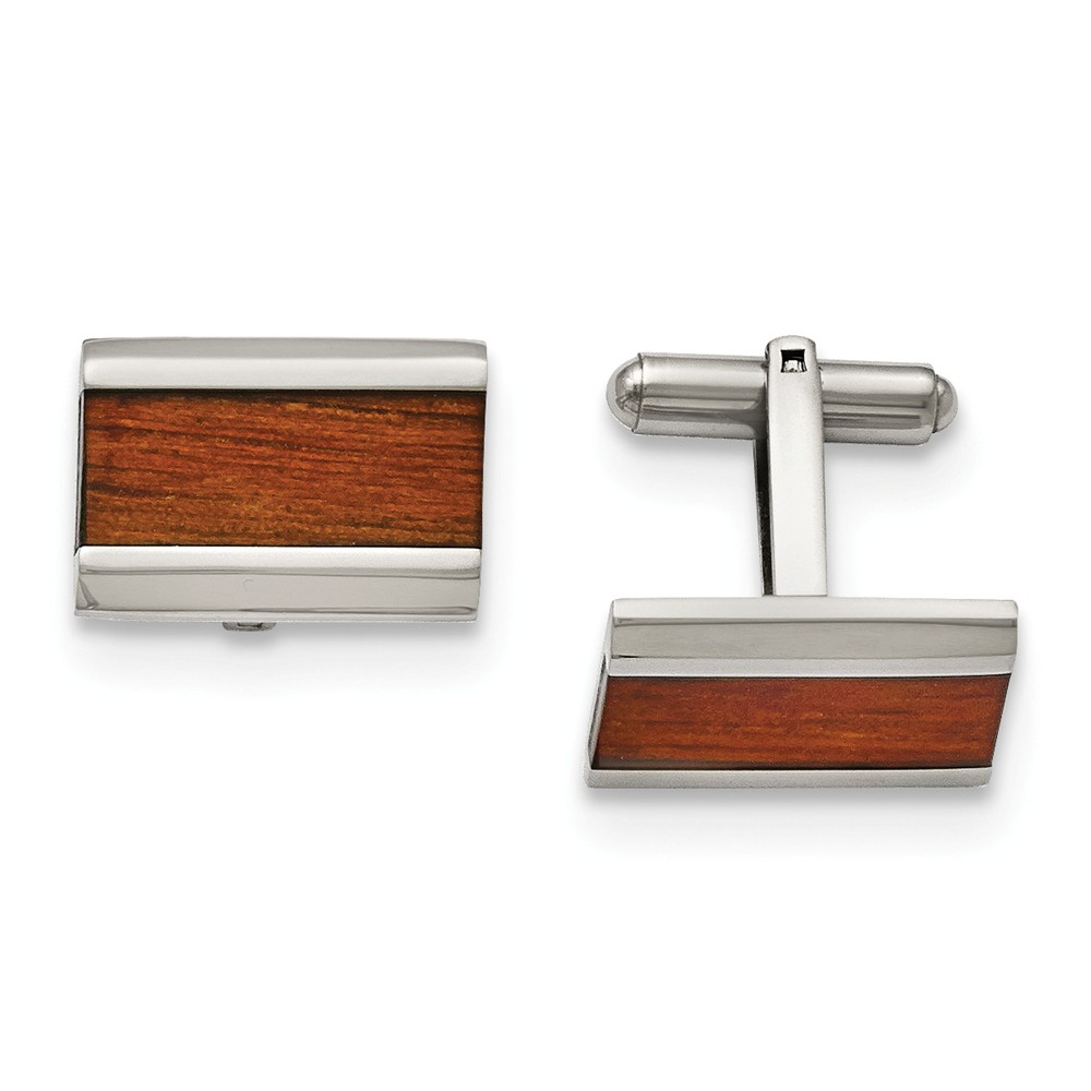Men's Stainless Steel and Red Wood Inlay Rectangular Cuff Links