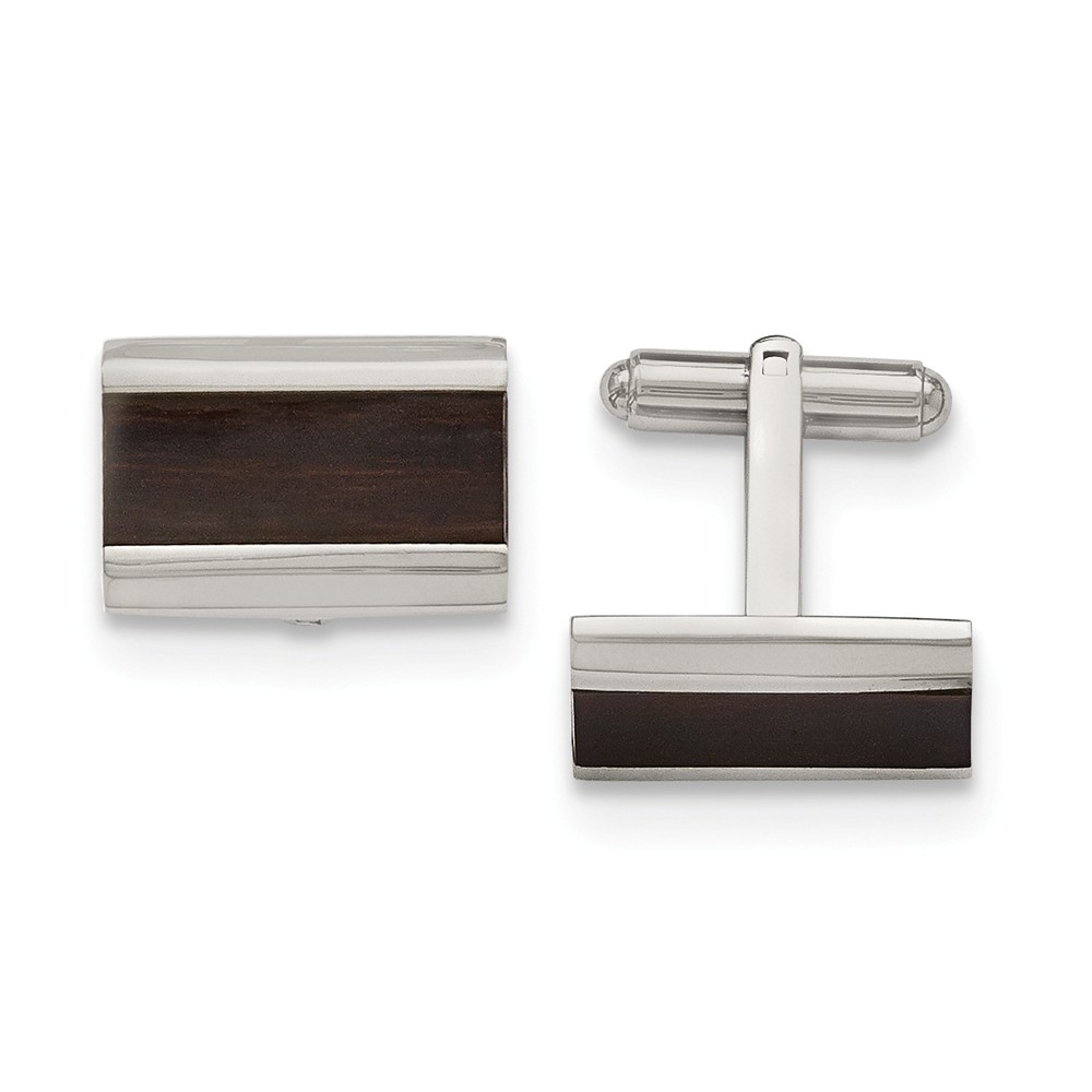 Men's Stainless Steel and Black Wood Inlay Rectangular Cuff Links