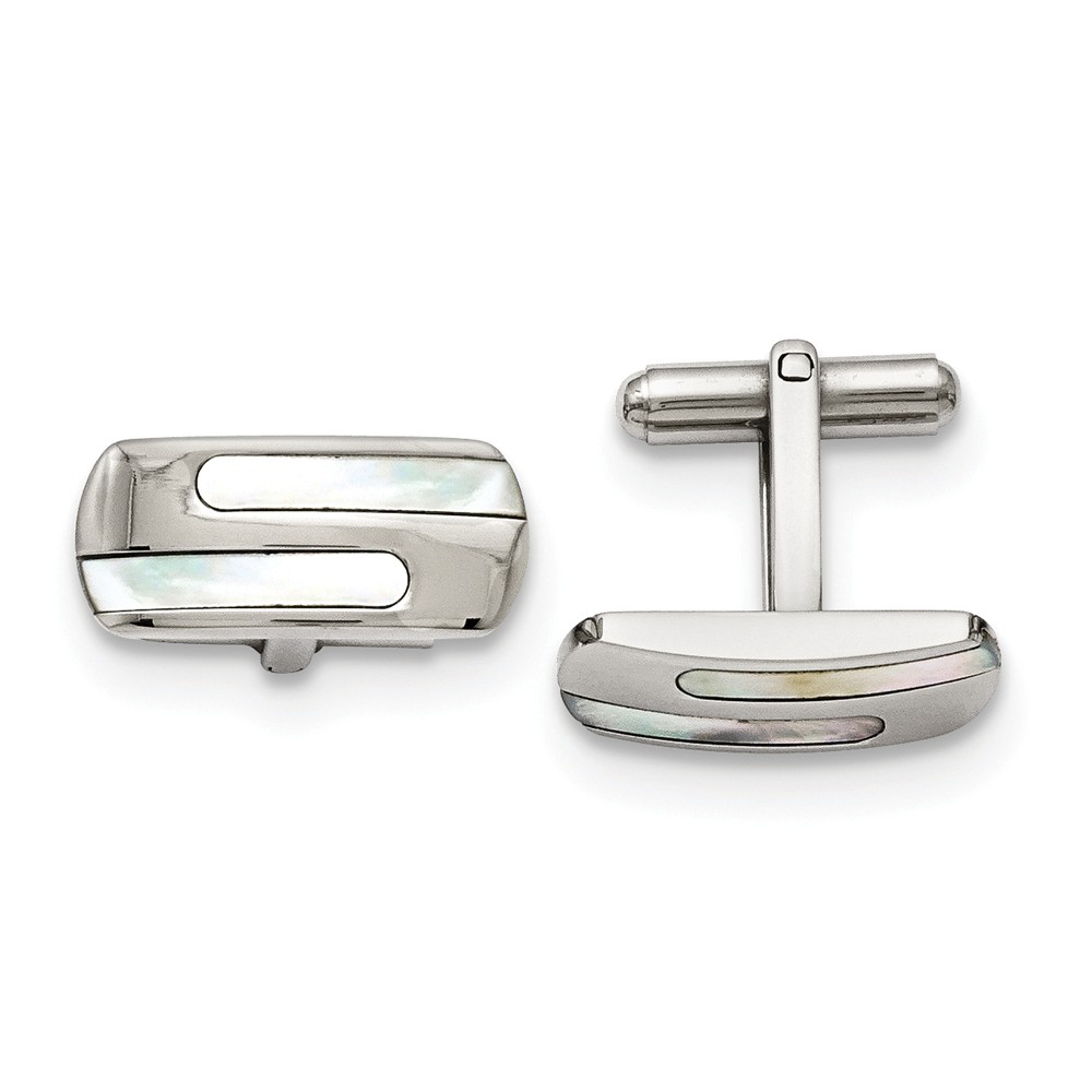 Men&#039;s Mother of Pearl and Stainless Steel Striped Cuff Links