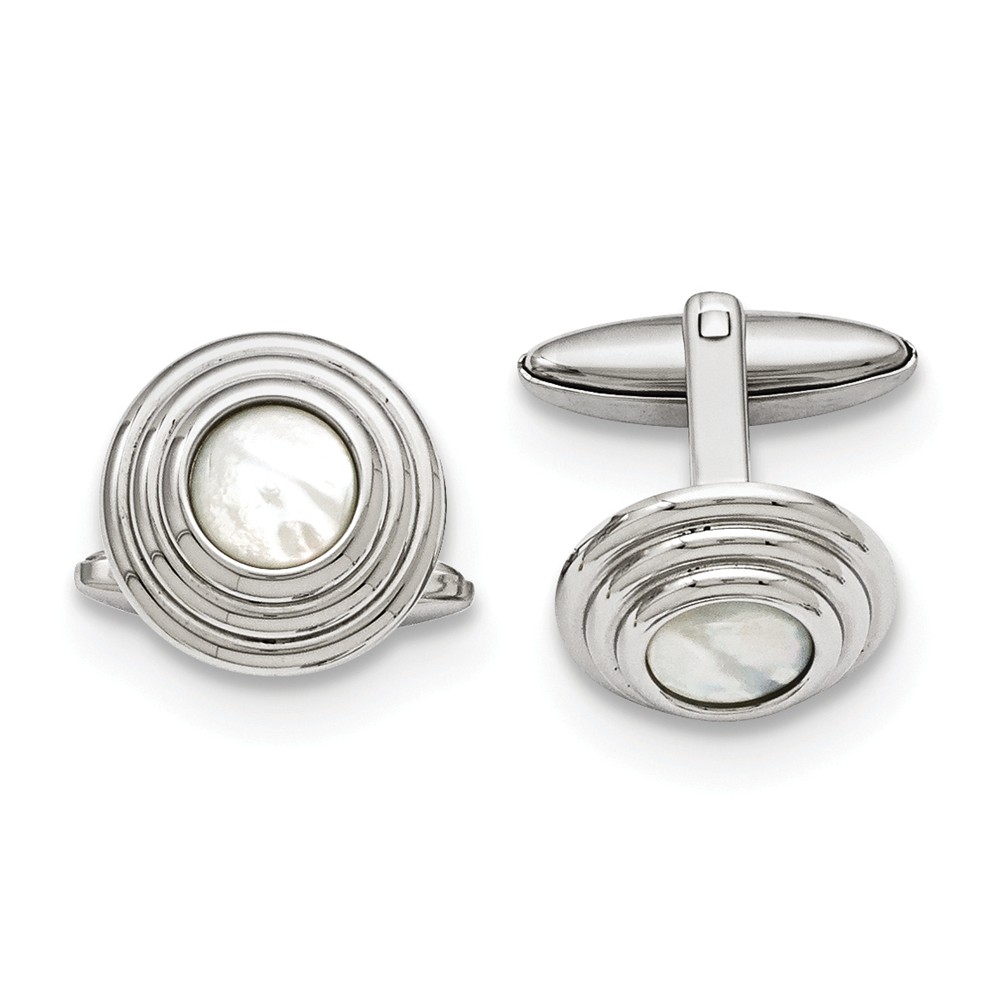 Men&#039;s Mother of Pearl and Stainless Steel 16mm Round Cuff Links