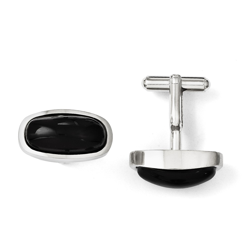 Men&#039;s Black Agate Cabochon and Stainless Steel Oval Cuff Links