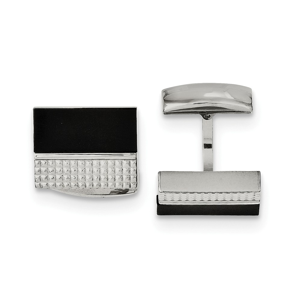 Men's Stainless Steel and Black Agate Textured Rectangular Cuff Links