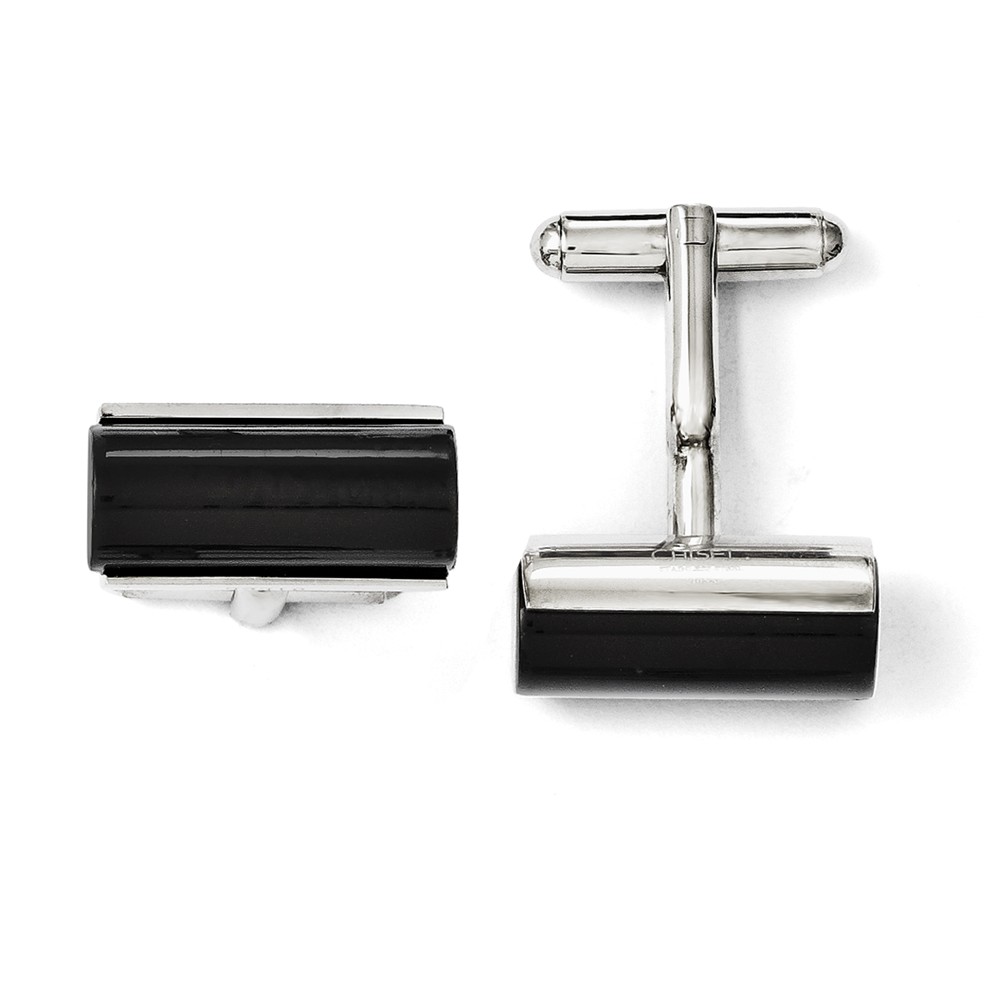 Men&#039;s Black Agate and Stainless Steel Cylindrical Cuff Links