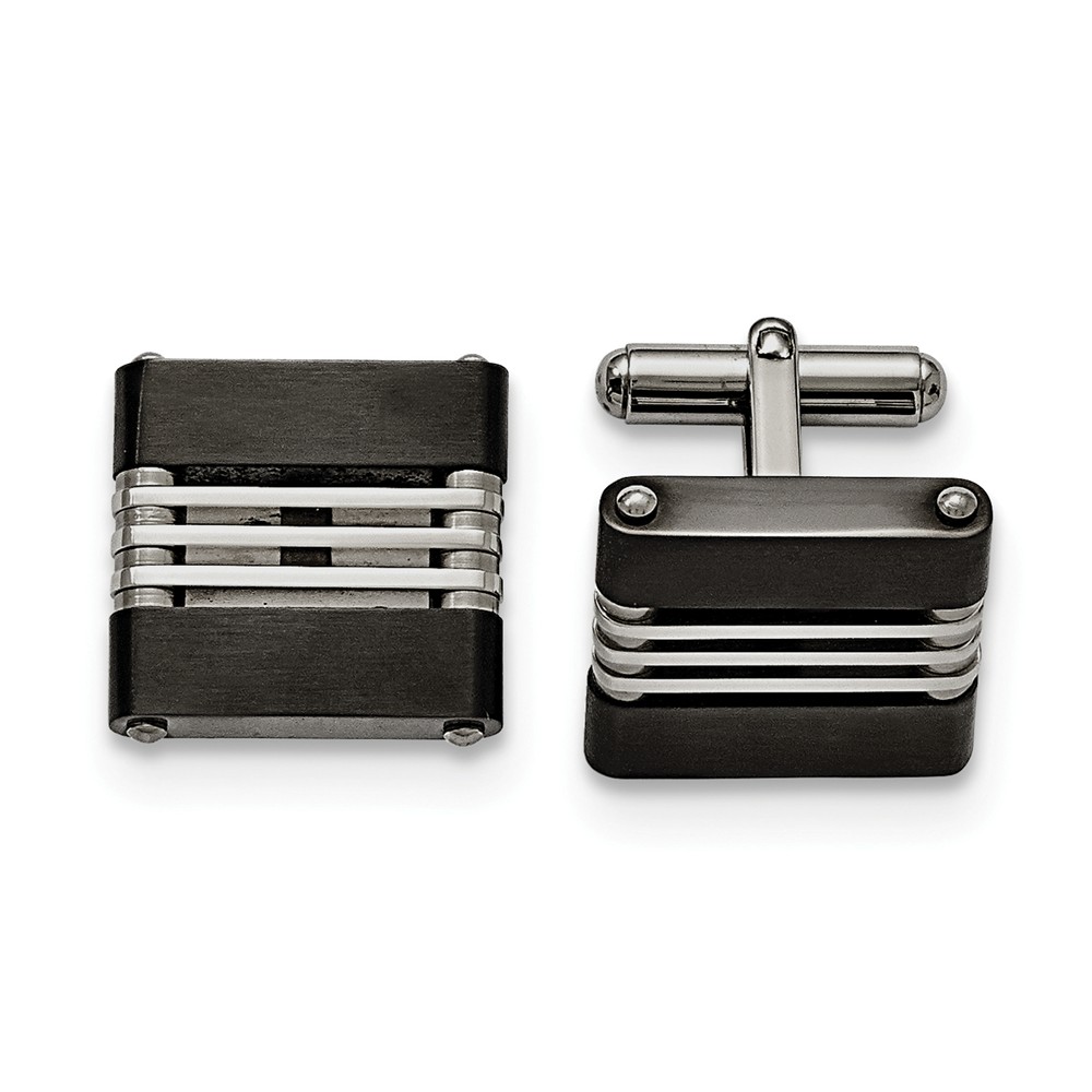 Men&#039;s Stainless Steel &amp; Black Plated Brushed and Polished Cuff Links