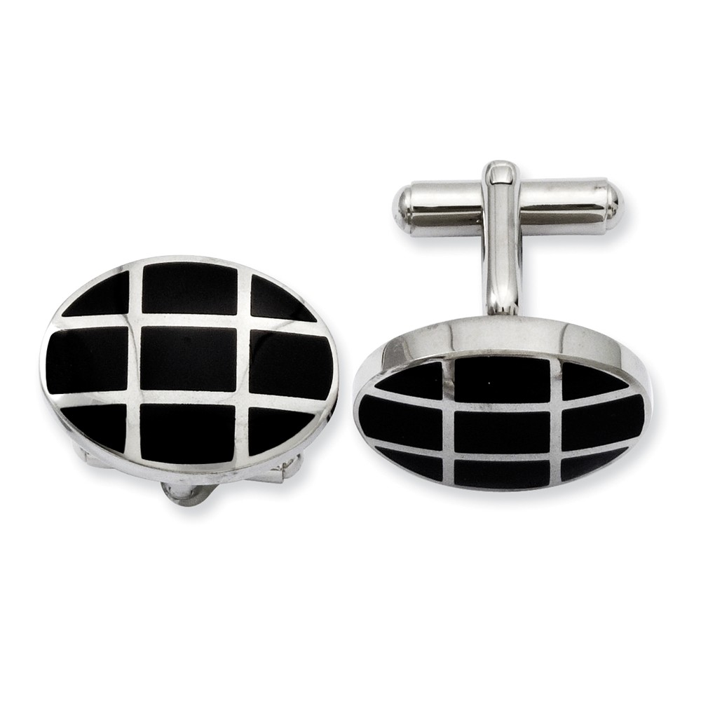 Men's Stainless Steel & Black Plated Oval Grid Cuff Links