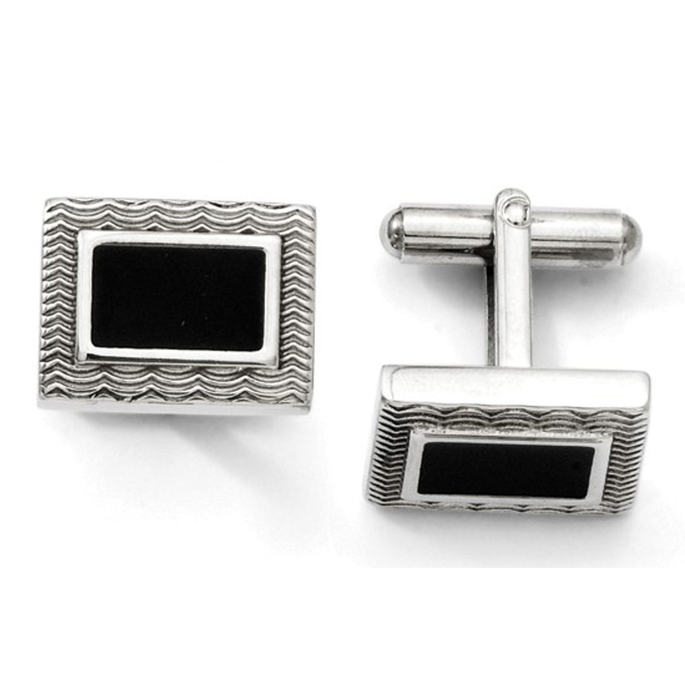 Men&#039;s Stainless Steel and Black Enamel Textured Wave Cuff Links