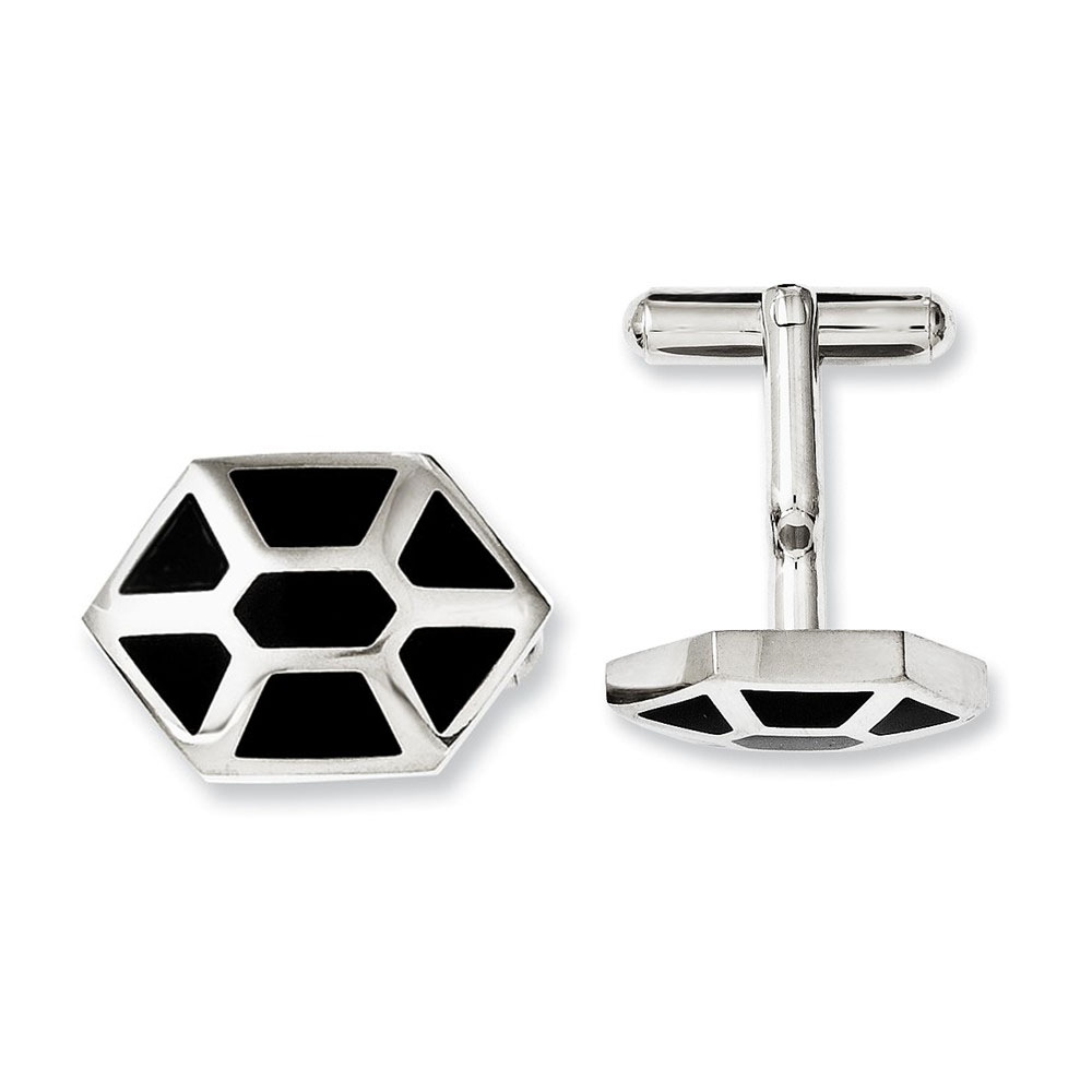 Men's Stainless Steel and Black Enamel Hexagon Cuff Links