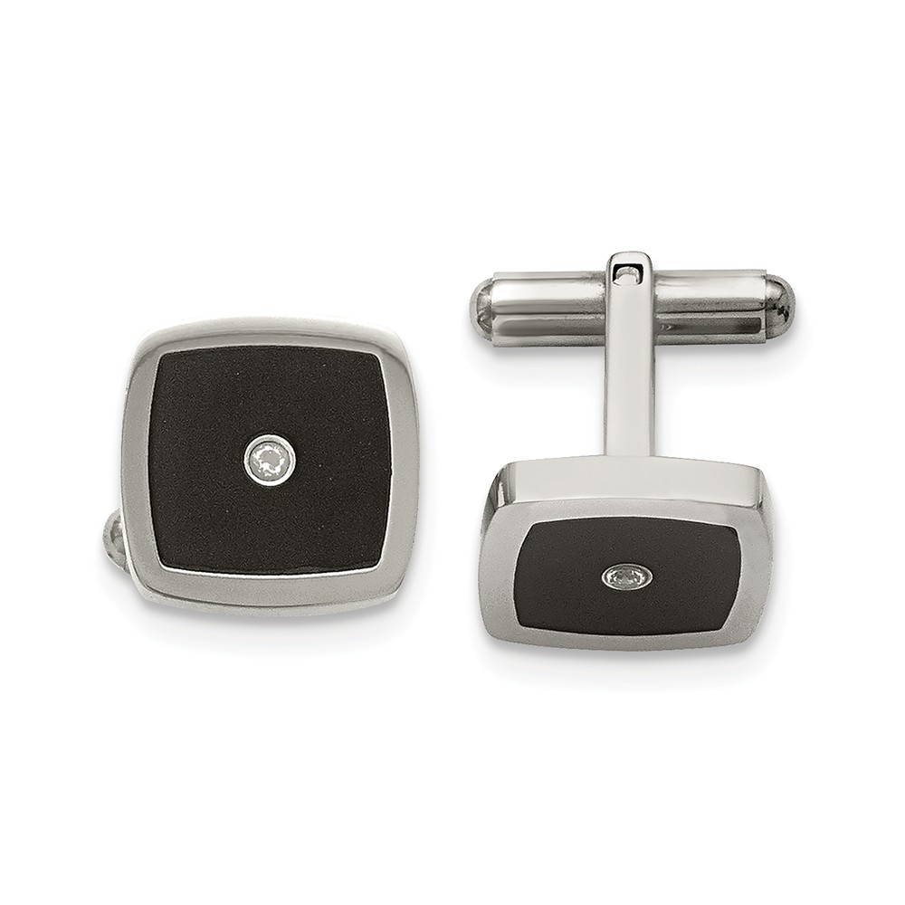 Men&#039;s Stainless Steel, Black Enamel and CZ 16mm Square Cuff Links