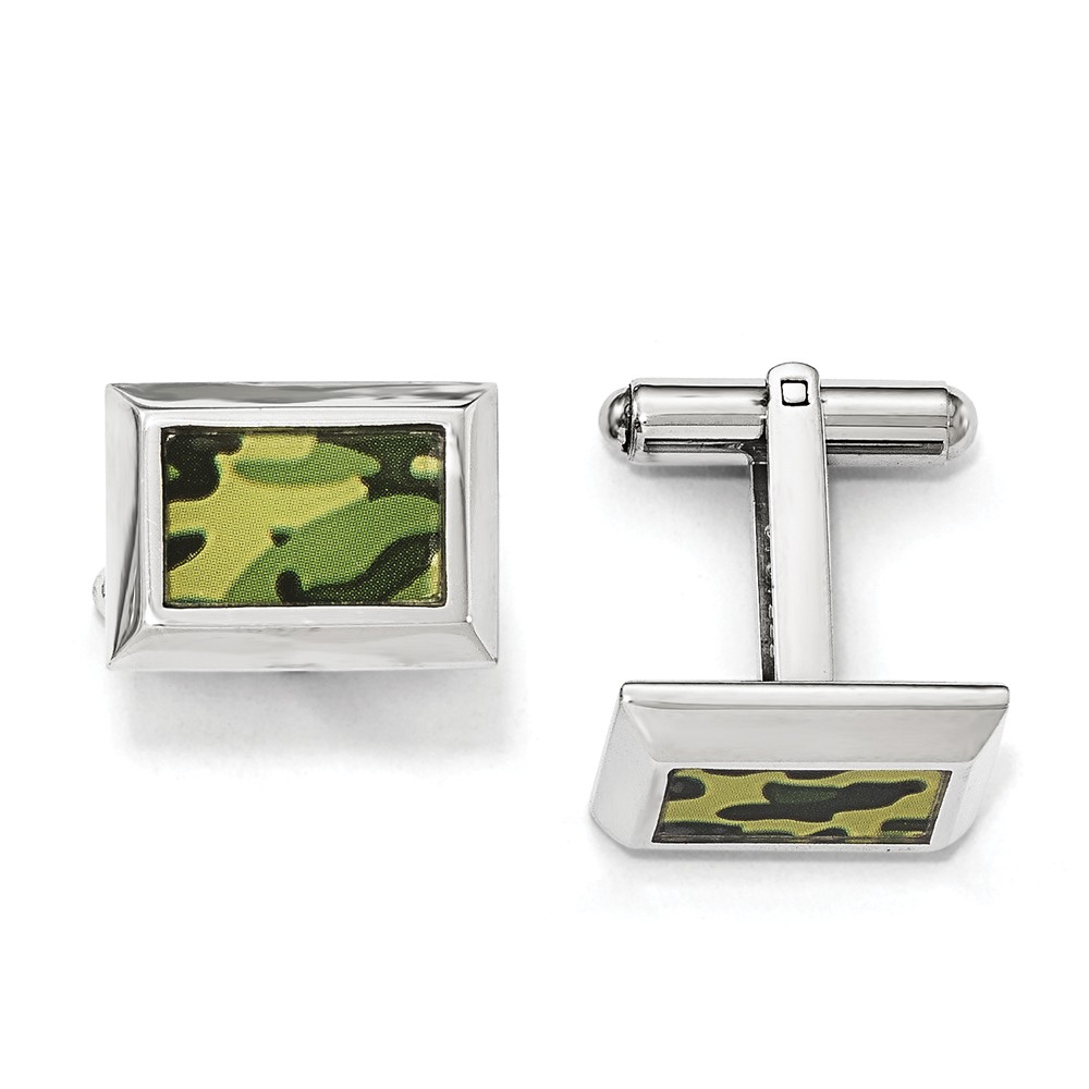 Men's Stainless Steel & Rubber Green Camouflage Rectangular Cuff Links