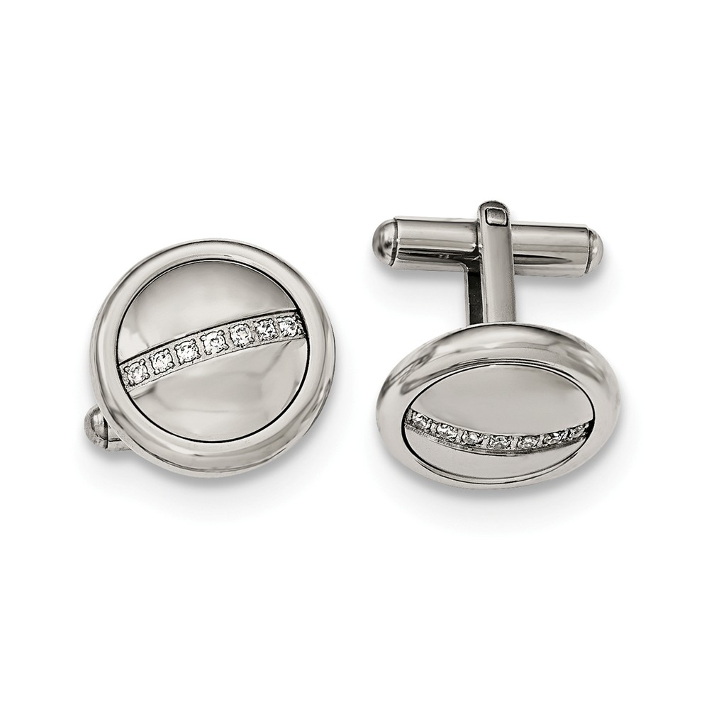 Men&#039;s Stainless Steel &amp; CZ 18mm Polished Round Cuff Links