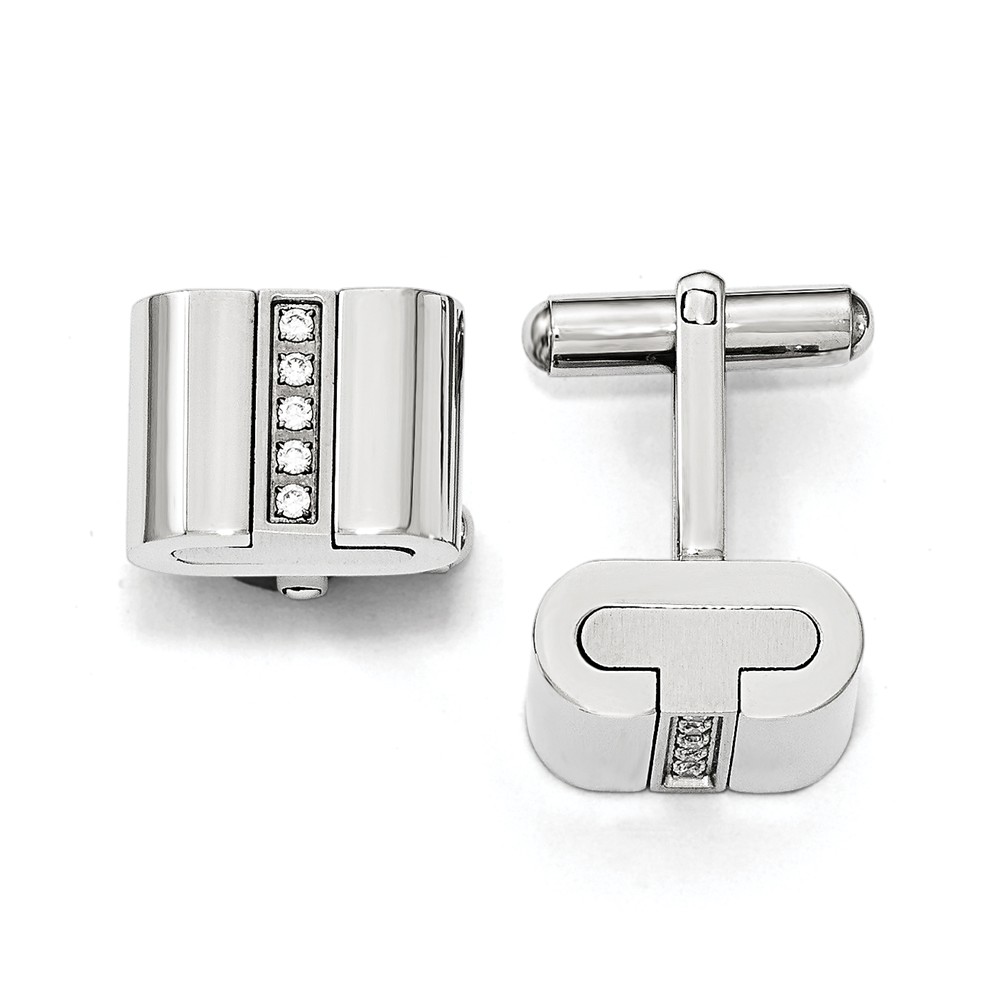 Men&#039;s Stainless Steel &amp; CZ Polished and Brushed 16mm Square Cuff Links