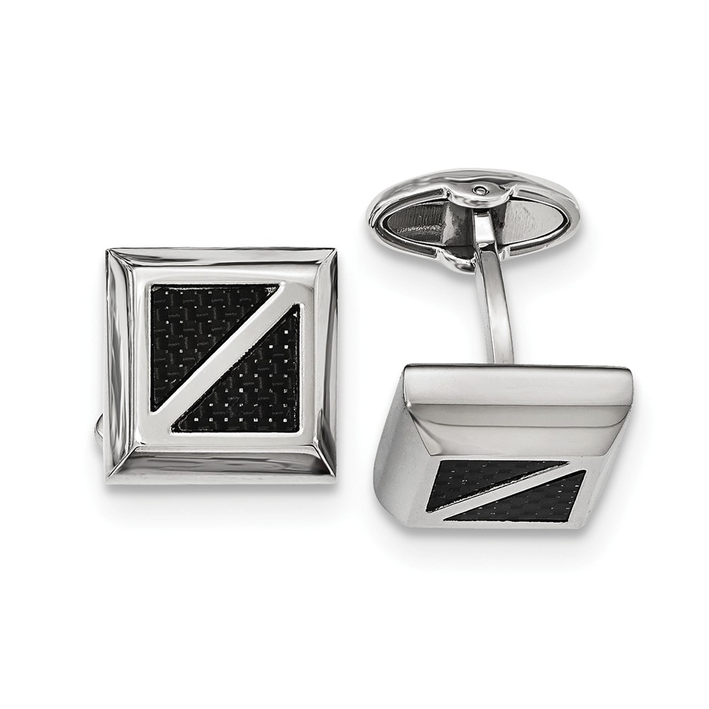 Men's 18mm Square Black Carbon Fiber and Stainless Steel Cuff Links