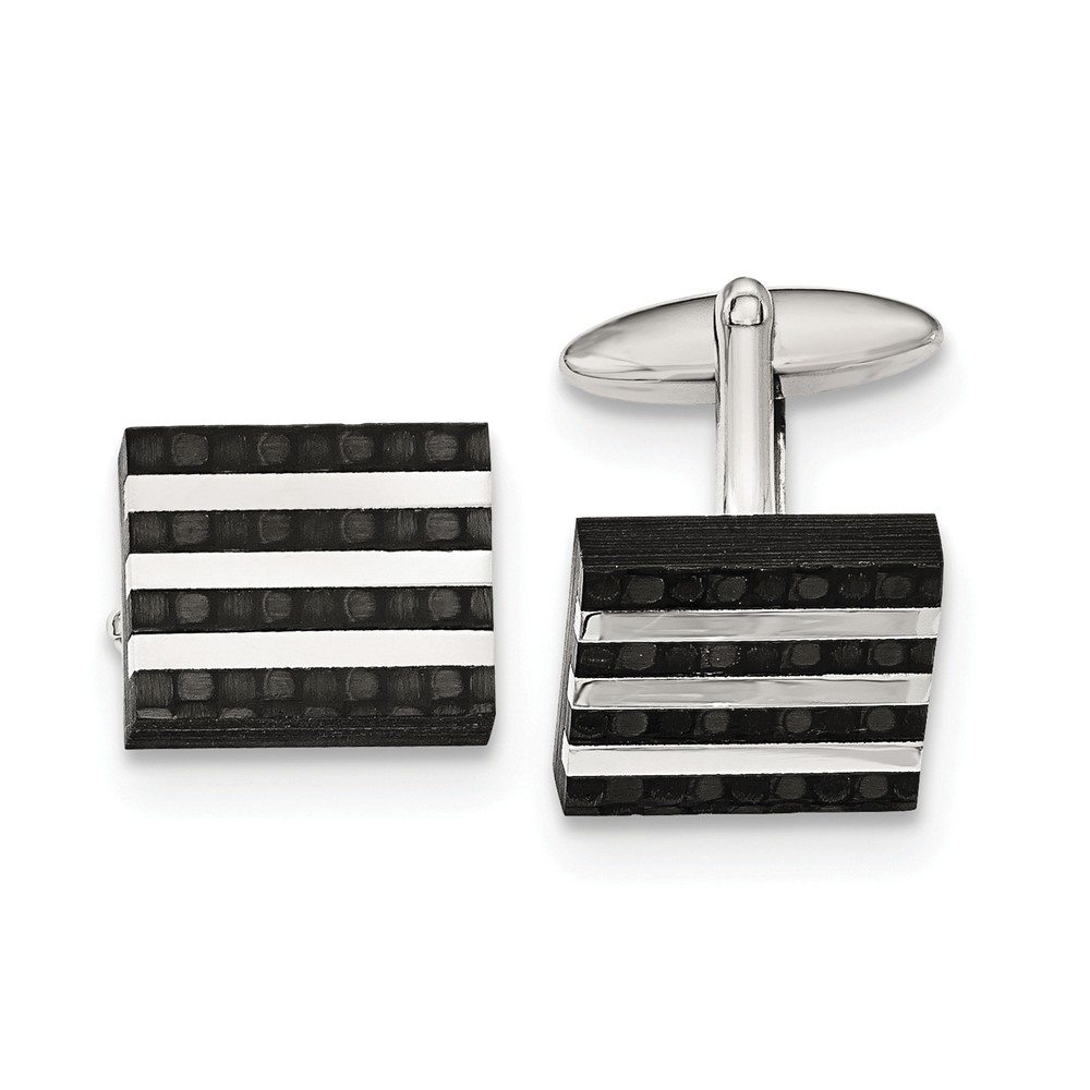 Mens Stainless Steel &amp; Black Carbon Fiber Striped Rectangle Cuff Links