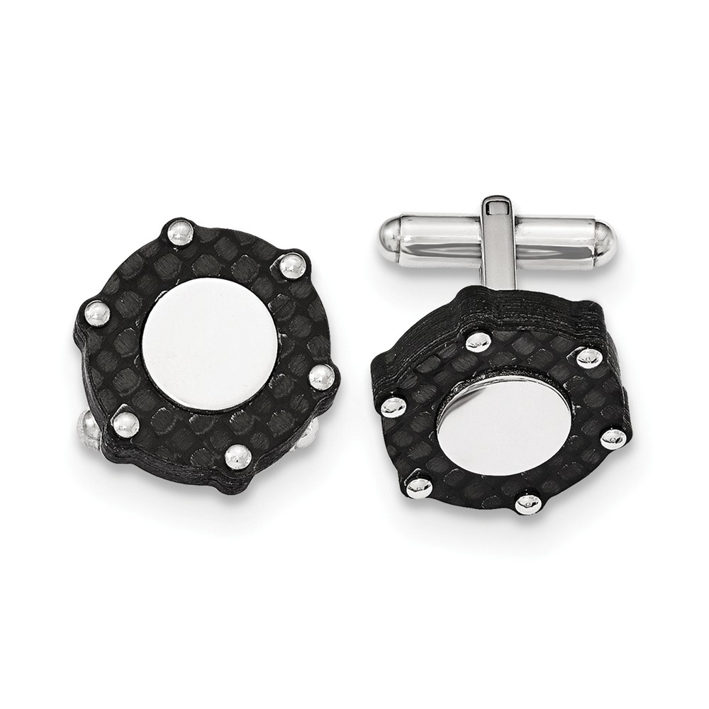 Men's Stainless Steel & Black Carbon Fiber 20mm Round Cuff Links