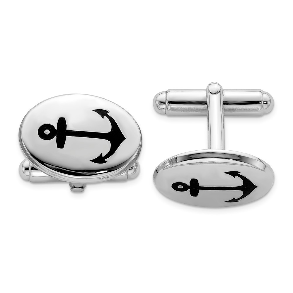 Men's Sterling Silver Black Enamel Anchor Oval Cuff Links